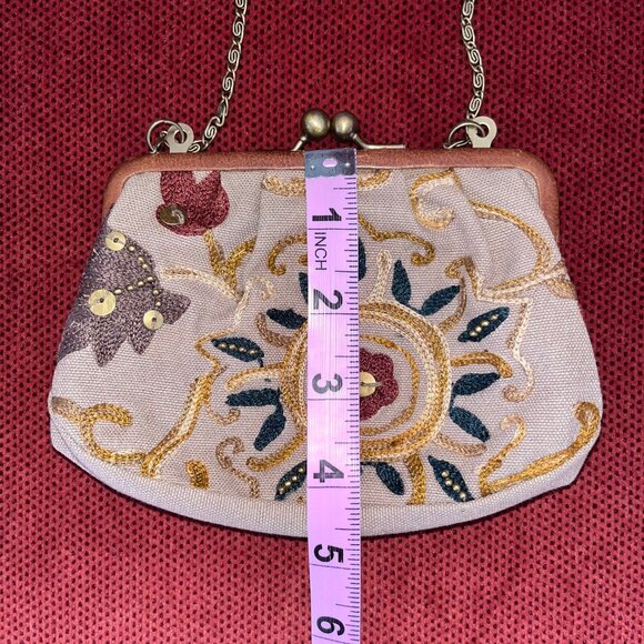 FOSSIL Crewel Frame Mini Multicolor Kisslock Clutch Canvas Crossbody Purse - Picture 13 of 16